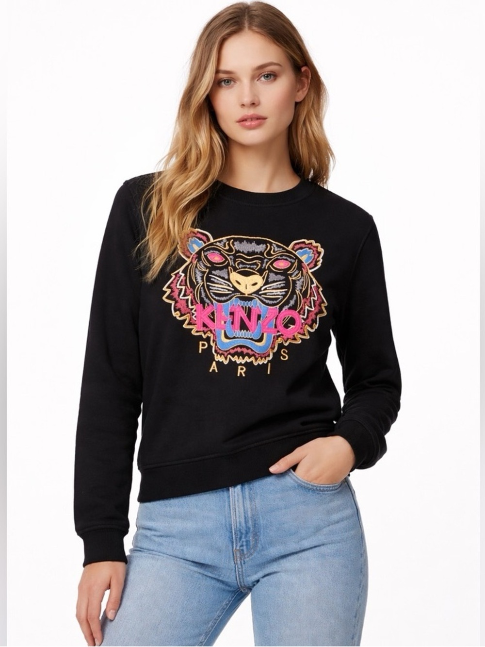 KENZO Paris Black Tiger Embroidered Crew Neck Sweatshirt Size S